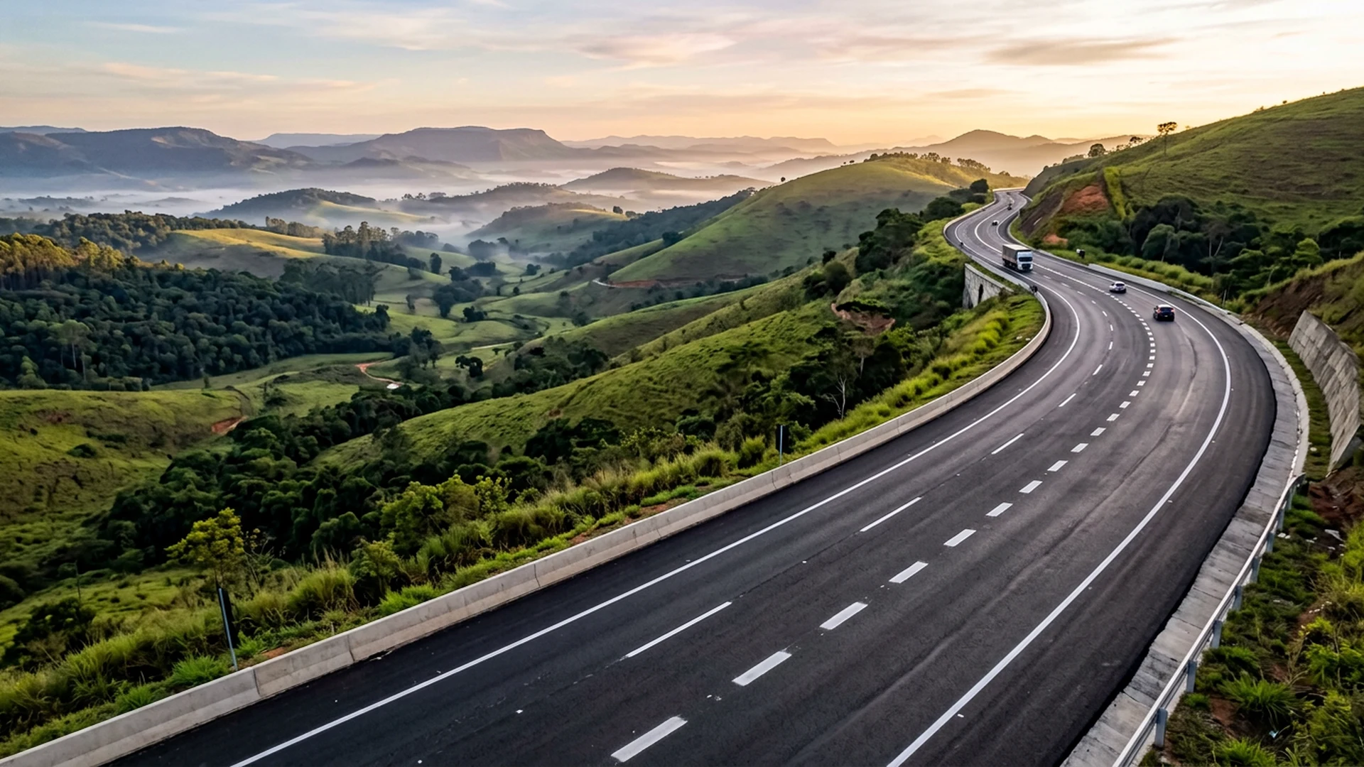 Imagem ilustrativa de rodovia entre colinas verdes